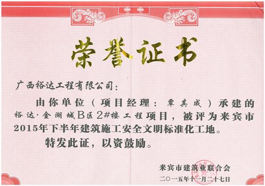 2015年下半年建筑施工安全文明标准化工地（金湖城B区2#楼开元电竞-开元(中国)
）