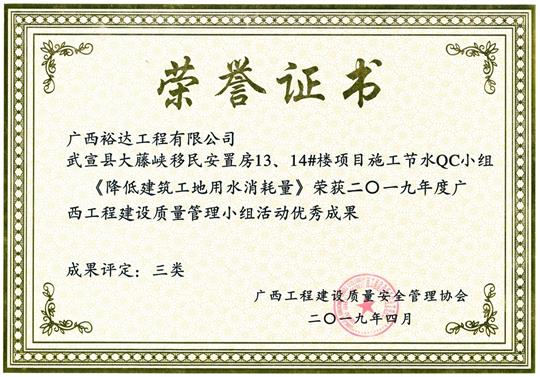 2019年度广西开元电竞-开元(中国)
建设质量管理小组活动优秀成果
